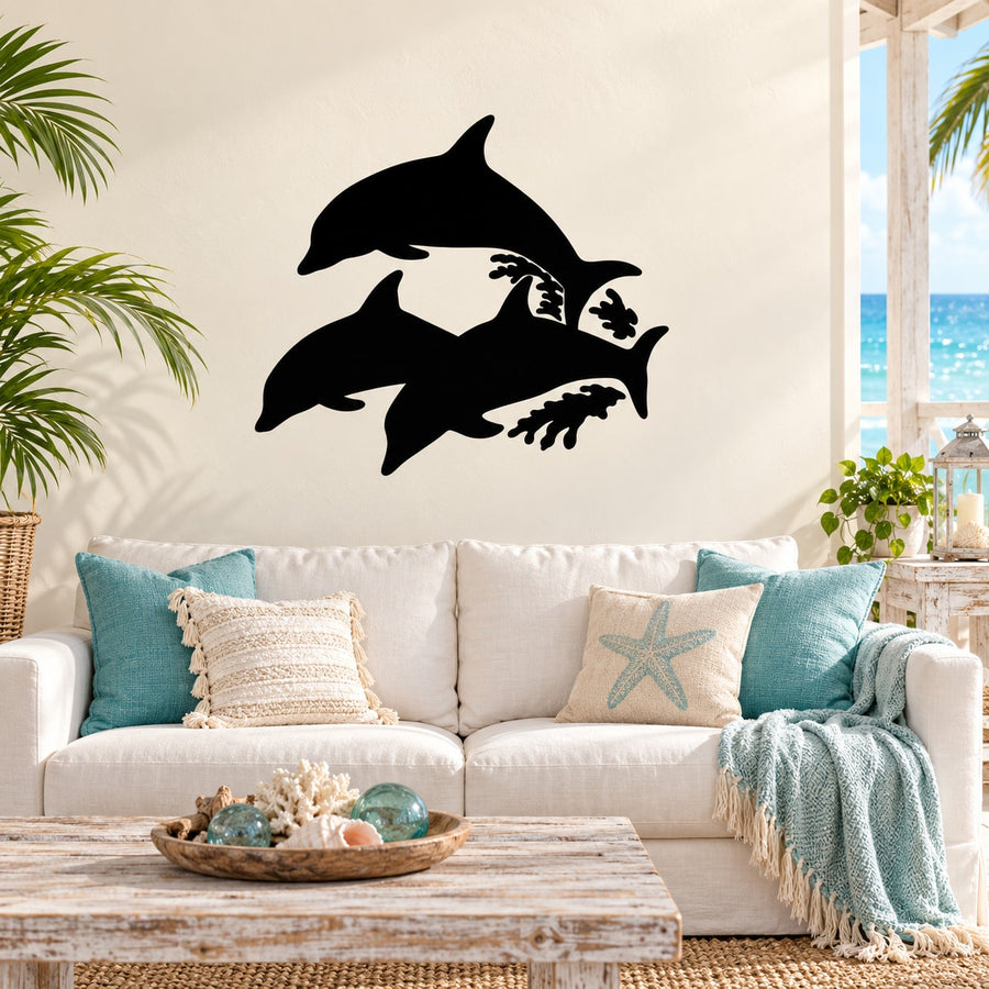 Black dolphin pod wall decal with three dolphins silhouettes