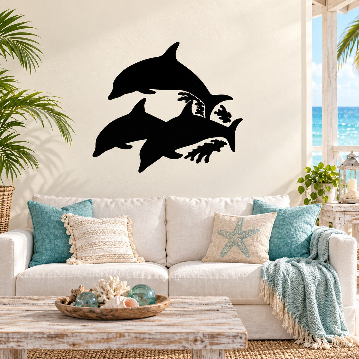 Black dolphin pod wall decal with three dolphins silhouettes