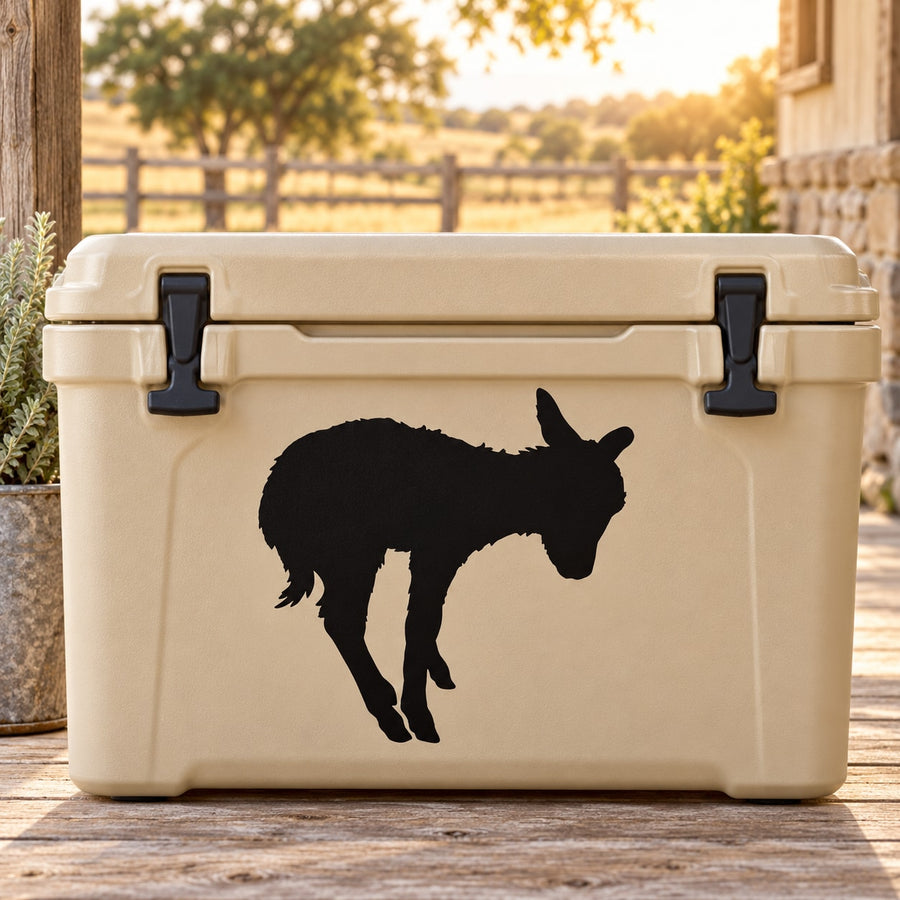 Black donkey foal decal on tan cooler