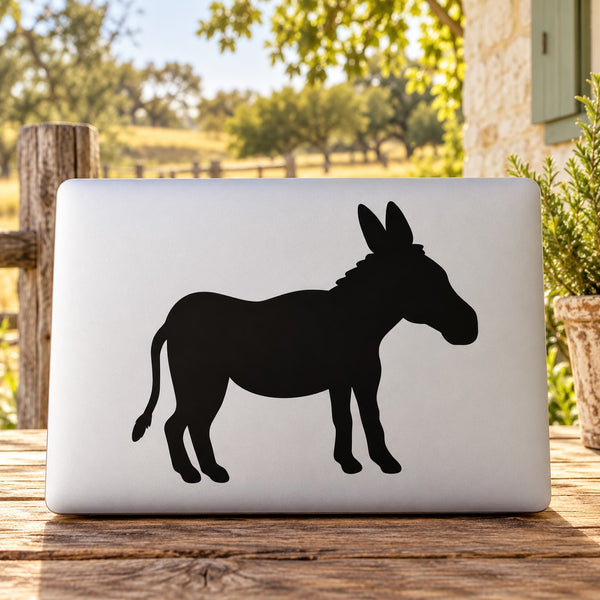 Shortened donkey decal sticker with black silhouette on a white rectangular backing