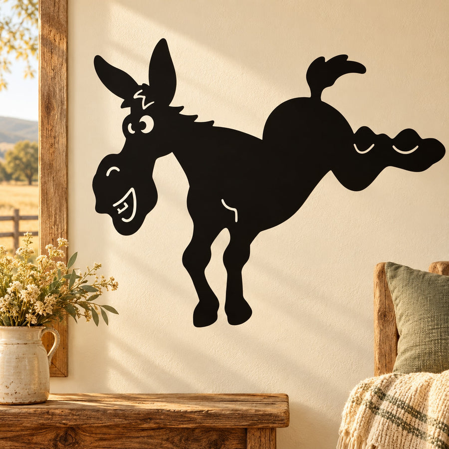 Smiling donkey silhouette wall decal, black playful cartoon style