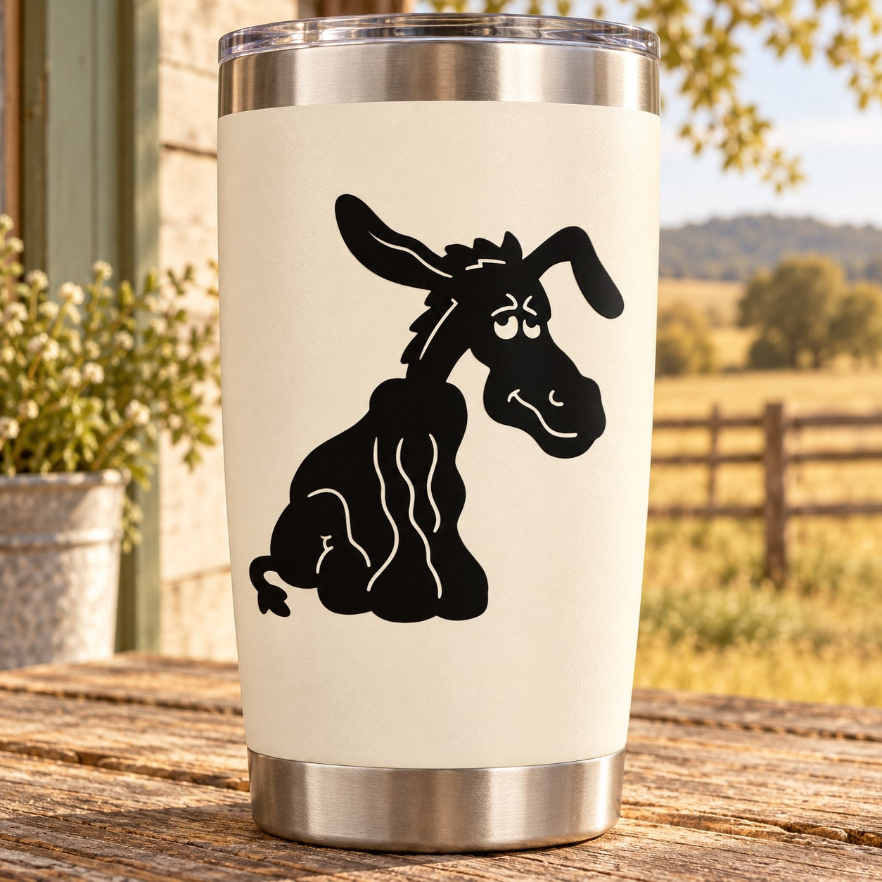 Sitting donkey decal with black outline and sad face design