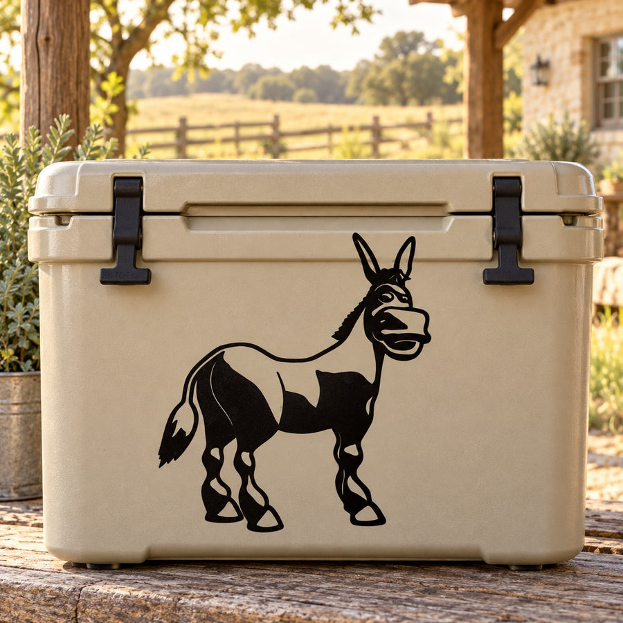 Cartoon standing donkey decal on a cream storage cooler