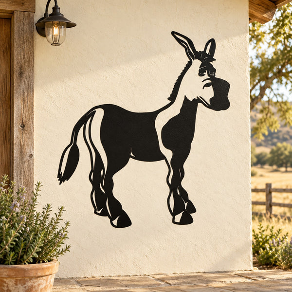 Donkey decal with a black silhouette, looking over its shoulder