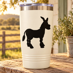 Donkey silhouette decal on a white tumbler with blue plastic lid