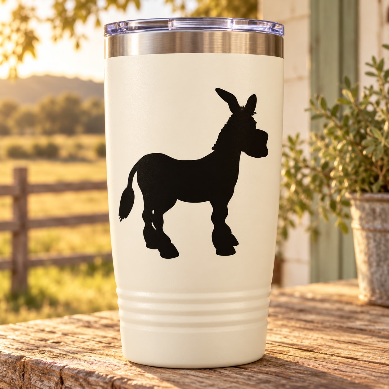 Donkey silhouette decal on a white tumbler with blue plastic lid