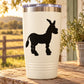 Donkey silhouette decal on a white tumbler with blue plastic lid