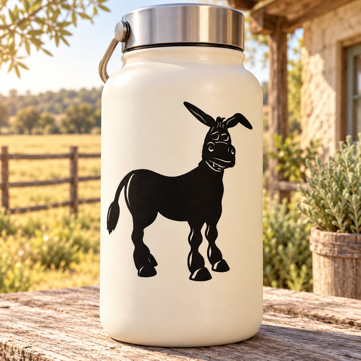 Standing donkey decal silhouette, black design on light surface