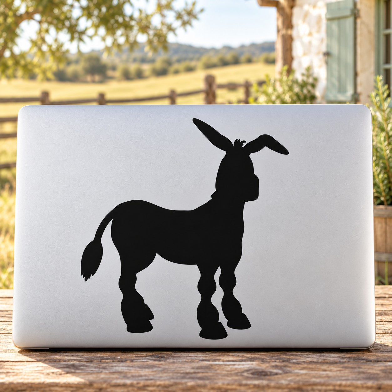 Black donkey silhouette decal sticker on light rectangular backing
