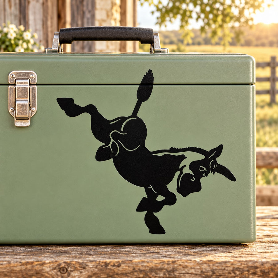 Black cartoon bucking donkey wall decal with raised legs and tail