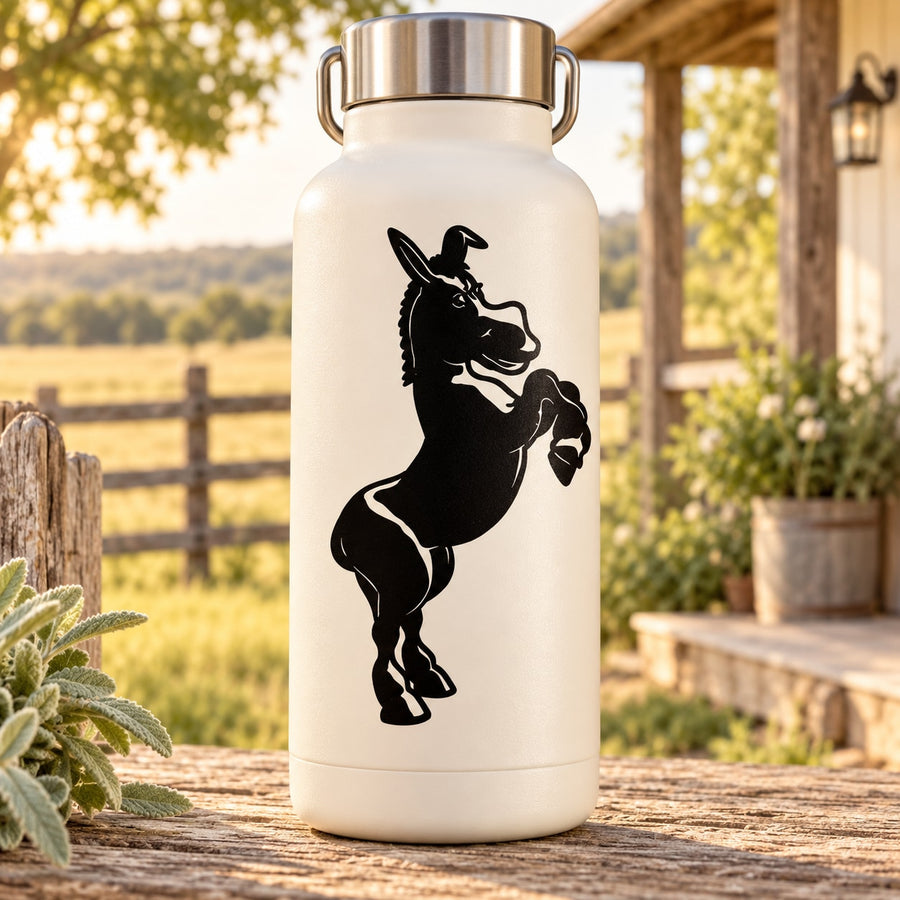 Standing donkey silhouette decal sticker in black on a cream bottle