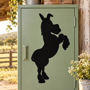 Black standing donkey silhouette decal on light green door panel