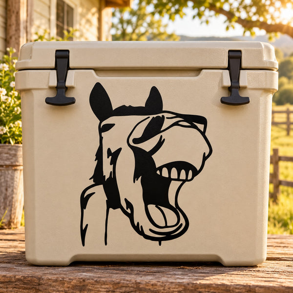 Black laughing donkey face decal on a beige cooler lid