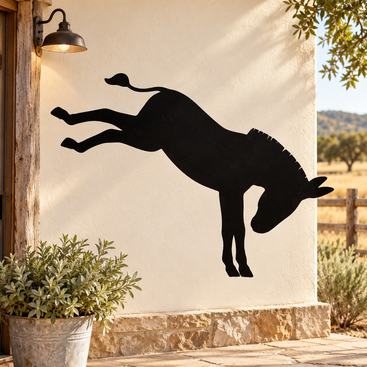 Black bucking donkey silhouette wall decal with legs raised