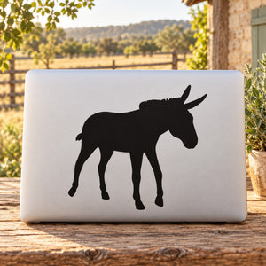 Striding donkey decal with black silhouette on white rectangle
