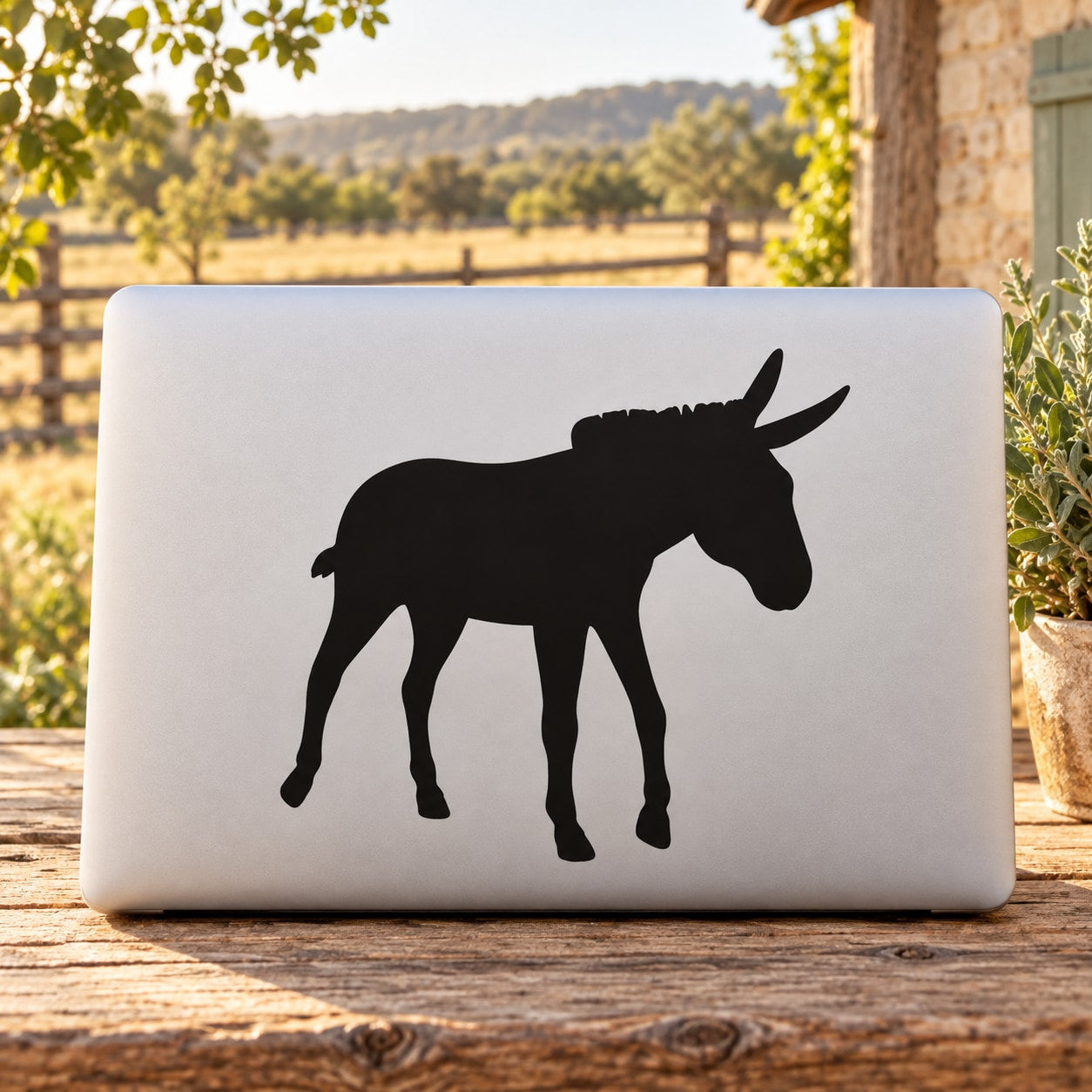Striding donkey decal with black silhouette on white rectangle