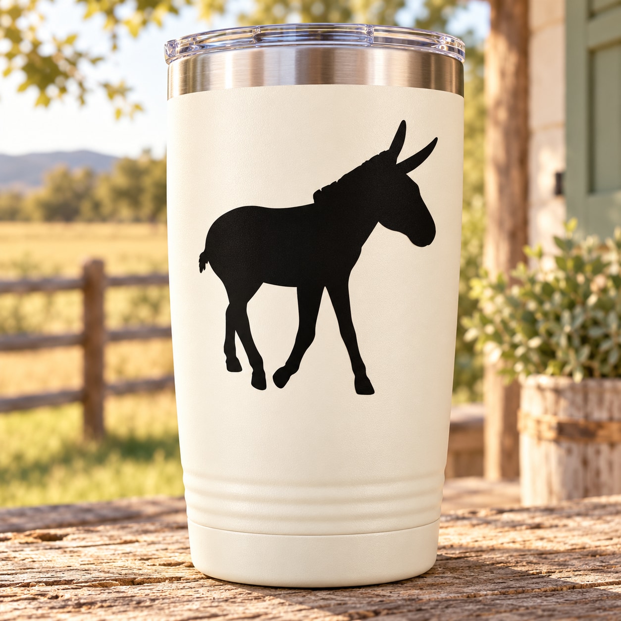 White tumbler with black strolling donkey decal