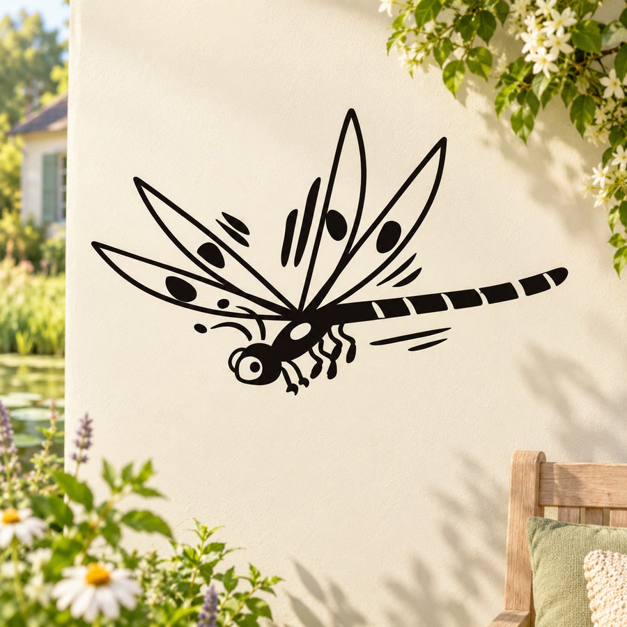 Dragonfly spread-wings wall decal, black line art with striped body