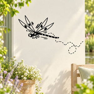 Black dragonfly wall decal with dotted trail pattern