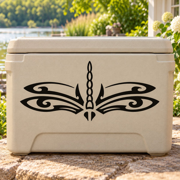 Black dragonfly tattoo-style decal on beige box lid