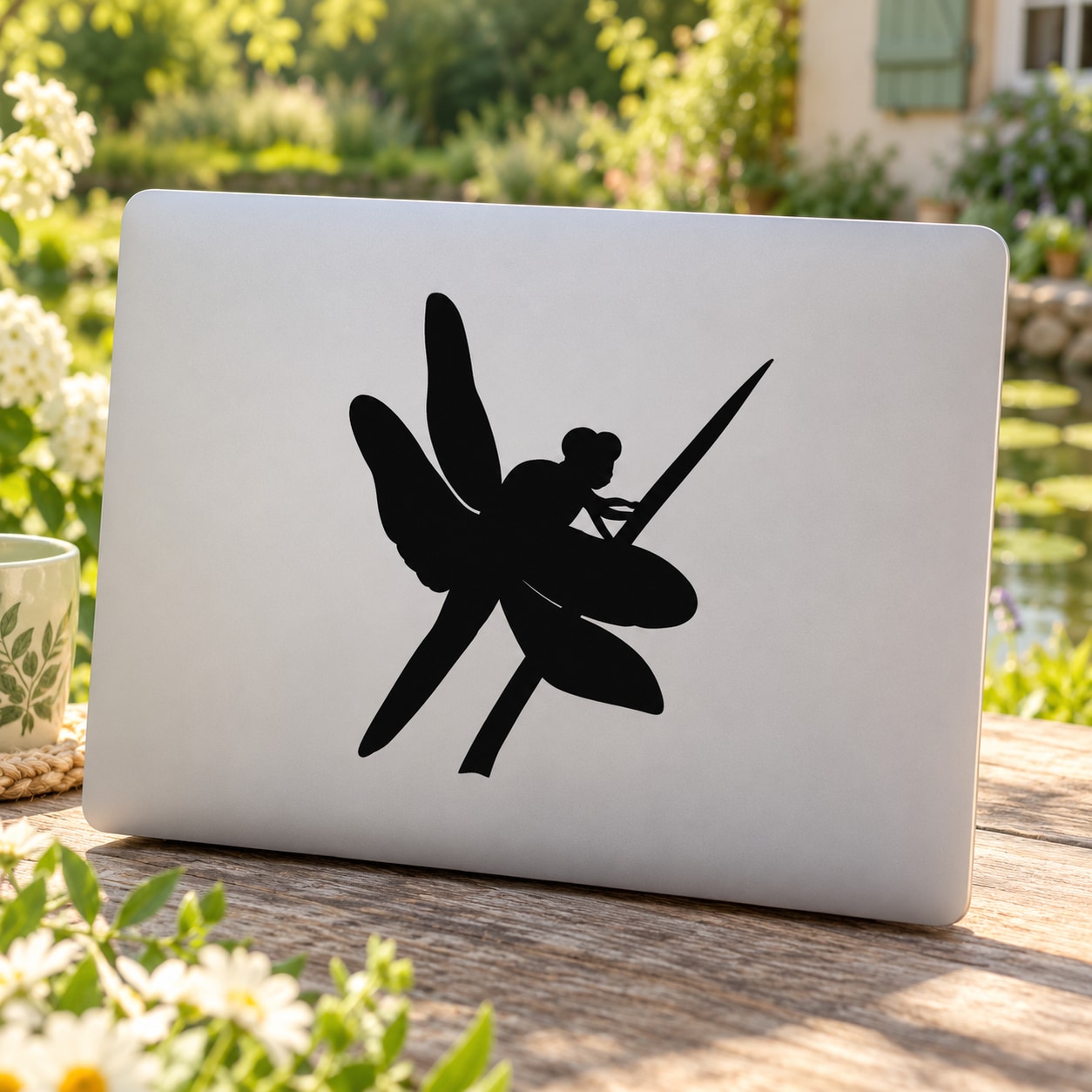 Black dragonfly perched on branch vinyl decal, single silhouette design