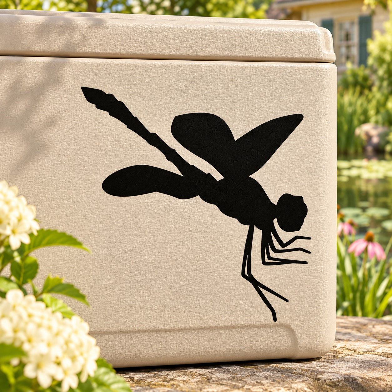 Leaping dragonfly vinyl decal, black silhouette on light beige surface