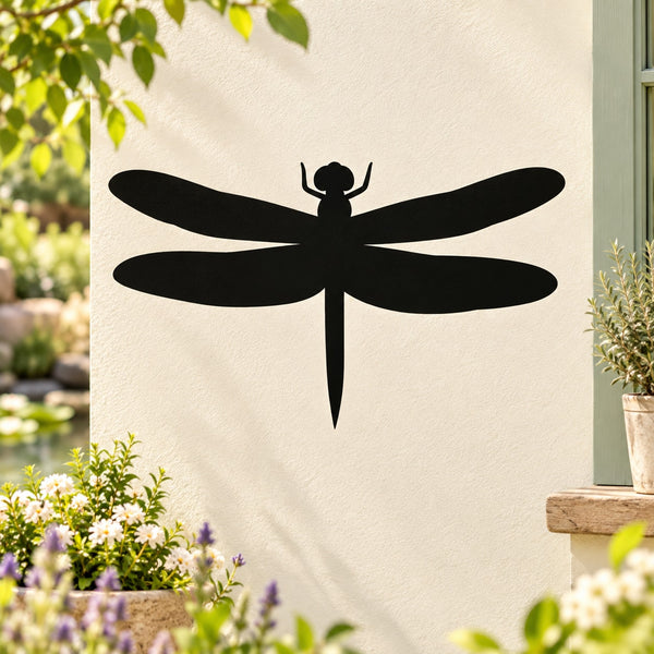 Black dragonfly wall decal silhouette with long body and spread wings
