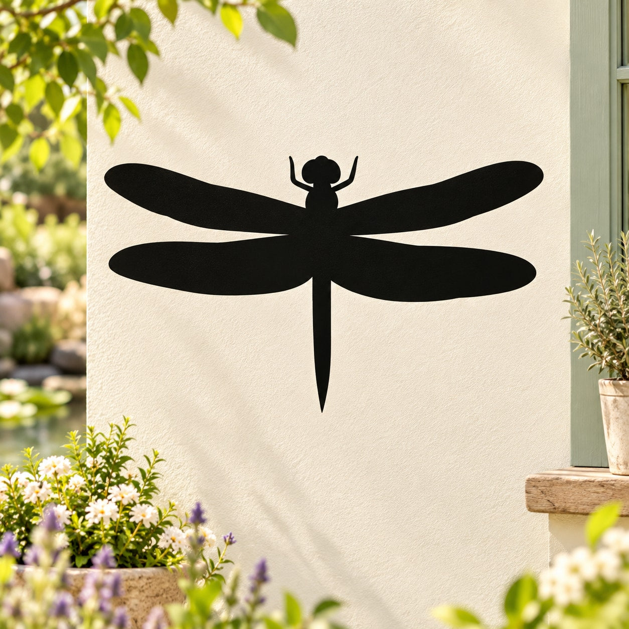 Black dragonfly wall decal silhouette with long body and spread wings