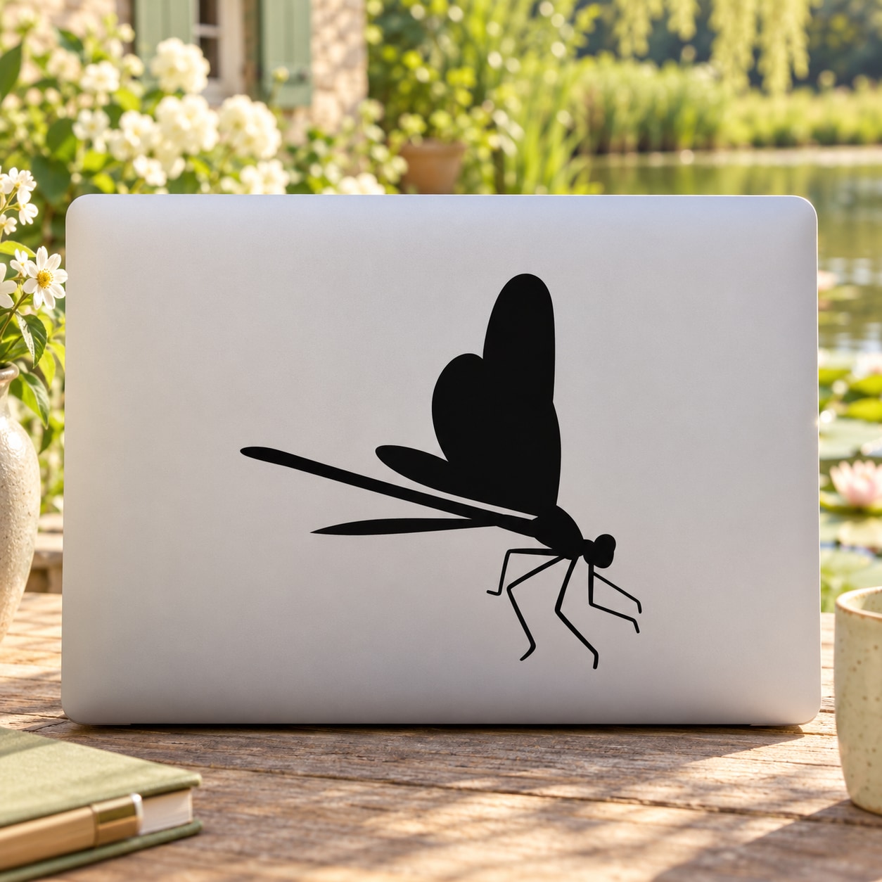 Black dragonfly with open wings vinyl decal