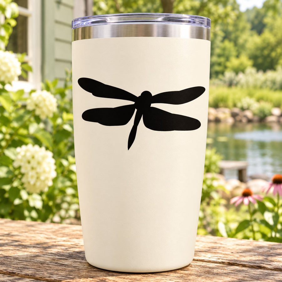 Black dragonfly decal on white tumbler with clear lid