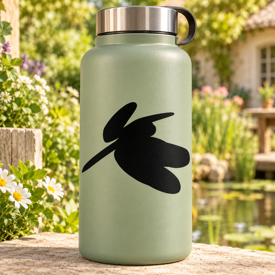 Green water bottle with black dragonfly decal