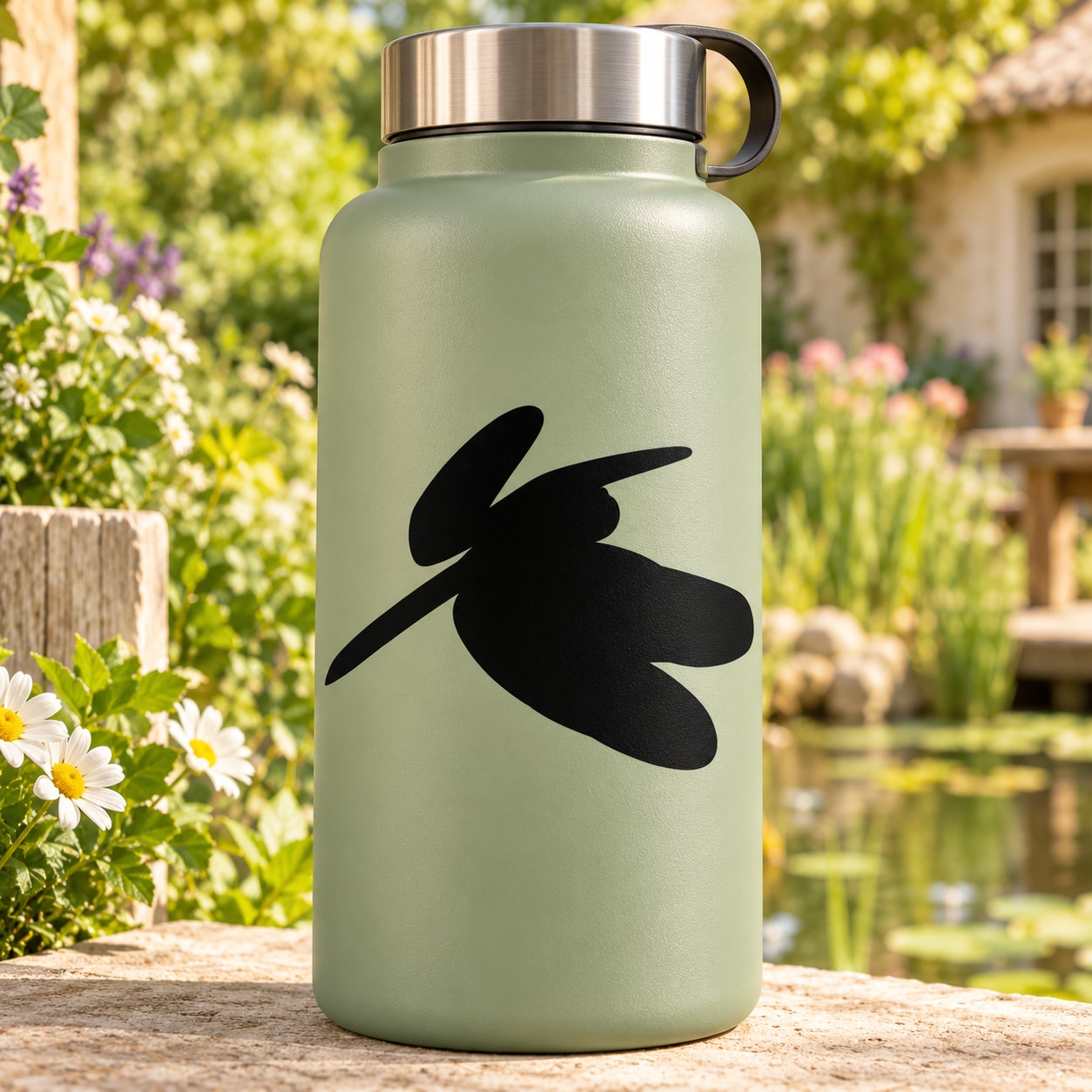 Green water bottle with black dragonfly decal