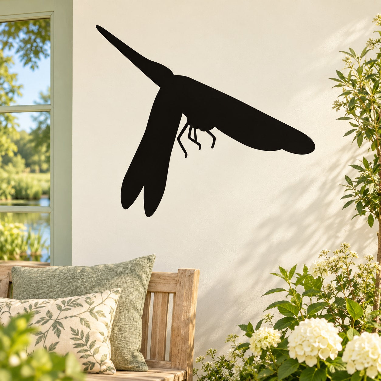 Black dragonfly wall decal with stylized wings and long body