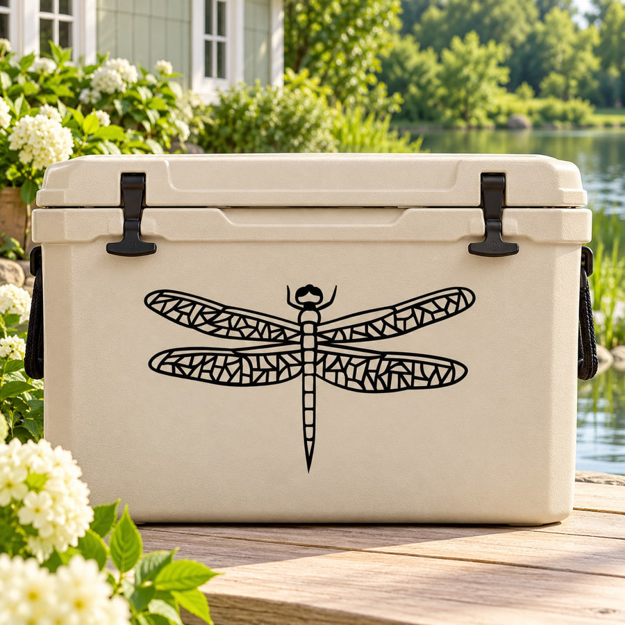 Dragonfly cut-out wings decal with line-art body on light background