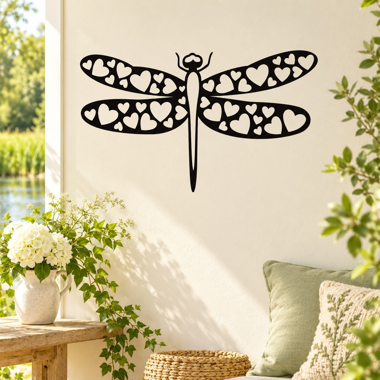 Heart cut-out dragonfly wings decal with black hearts outline