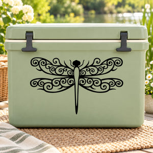 Black dragonfly swirl decal on light green cooler with cross handles