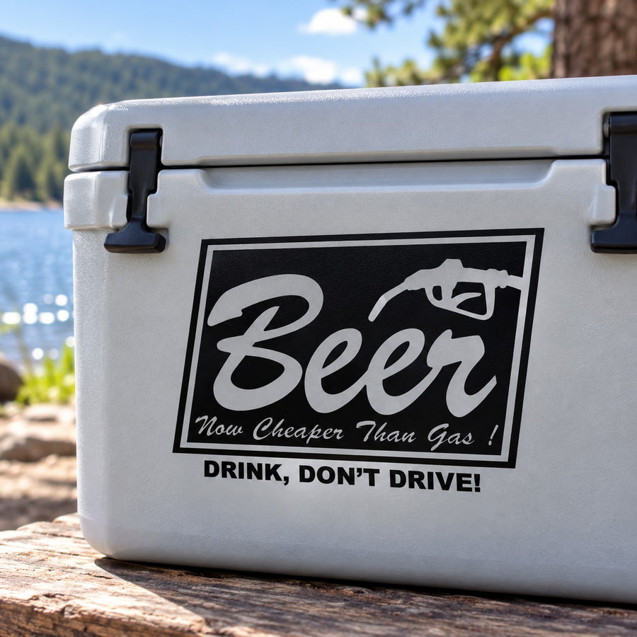 Beer slogan cooler decal on light gray cooler with black rectangular design