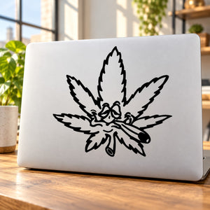 Marijuana leaf smoking joint decal in black outline on light surface