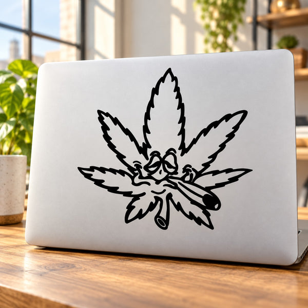 Marijuana leaf smoking joint decal in black outline on light surface