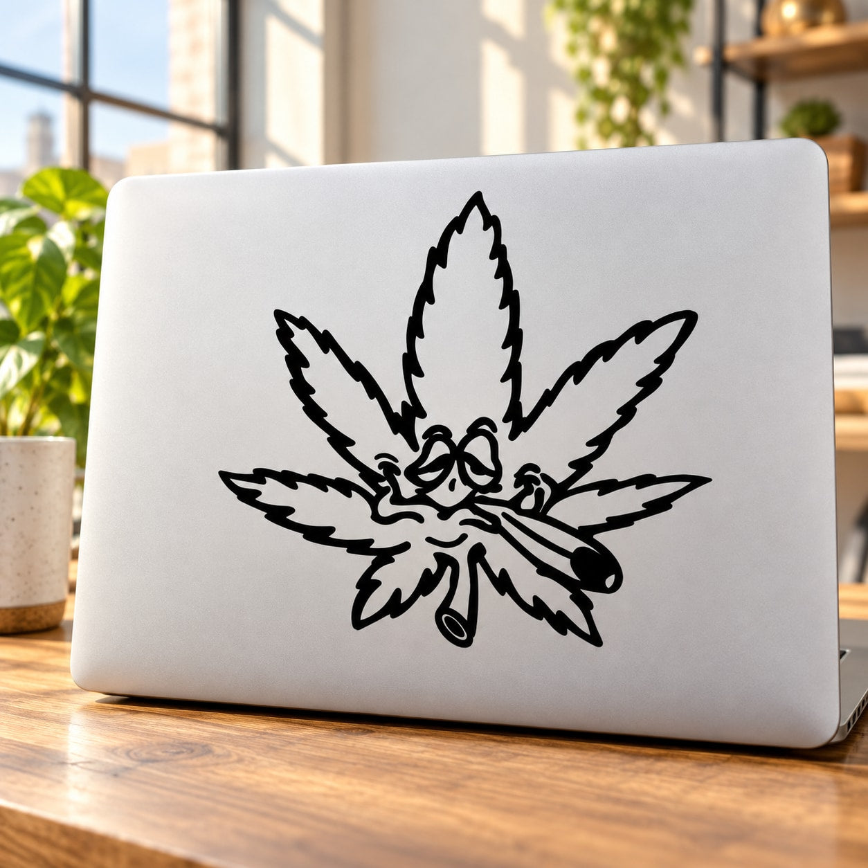 Marijuana leaf smoking joint decal in black outline on light surface
