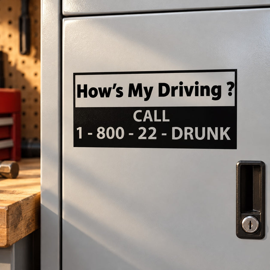 Driving call decal with text: "How's My Driving?" and "CALL 1-800-22-DRUNK"