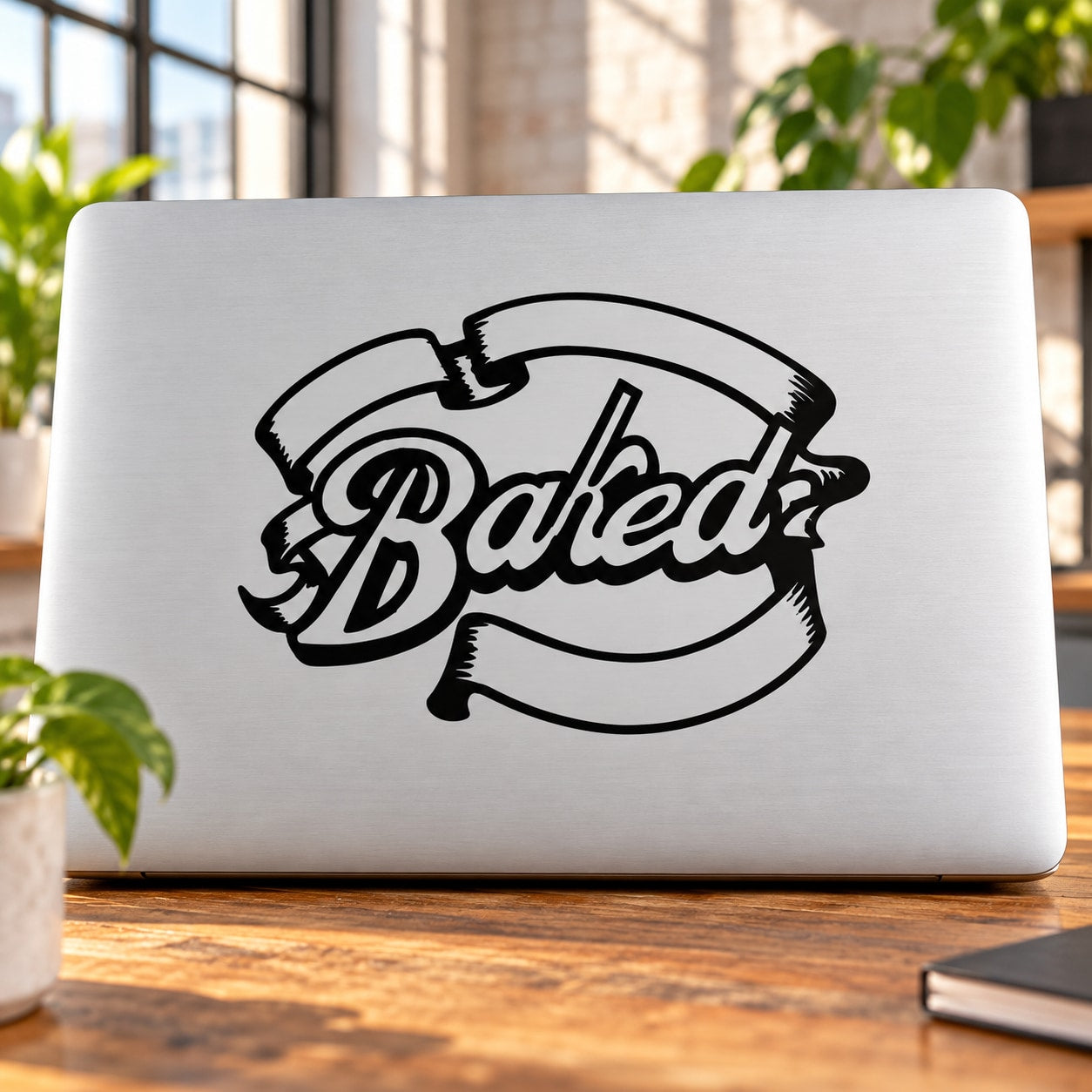 Baked decal with black logo text and circular design