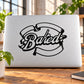 Baked decal with black logo text and circular design