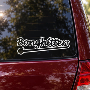Bonghitters decal sticker with bold script and outline, applied on a car window