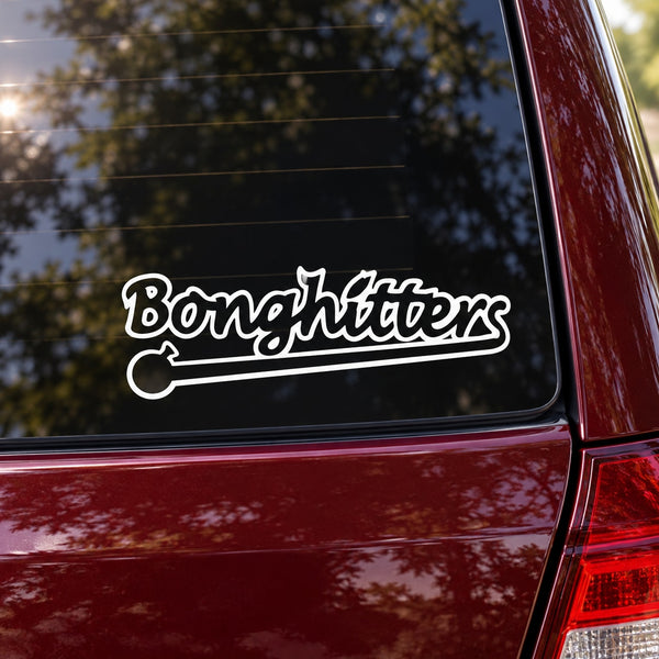 Bonghitters decal sticker with bold script and outline, applied on a car window