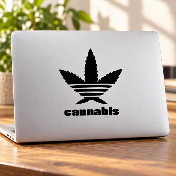 Black cannabis leaf decal with cannabis wordmark for laptop or surface