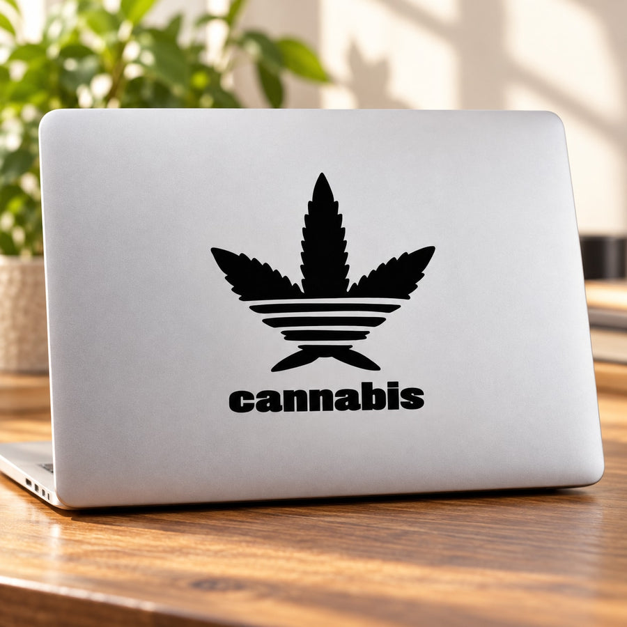 Black cannabis leaf decal with cannabis wordmark for laptop or surface