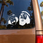 Cheech and Chong decal: two white stylized face profiles on car window