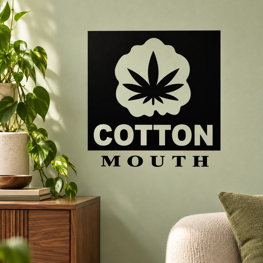 Cotton Mouth decal: white flower icon with 'COTTON MOUTH' on black square