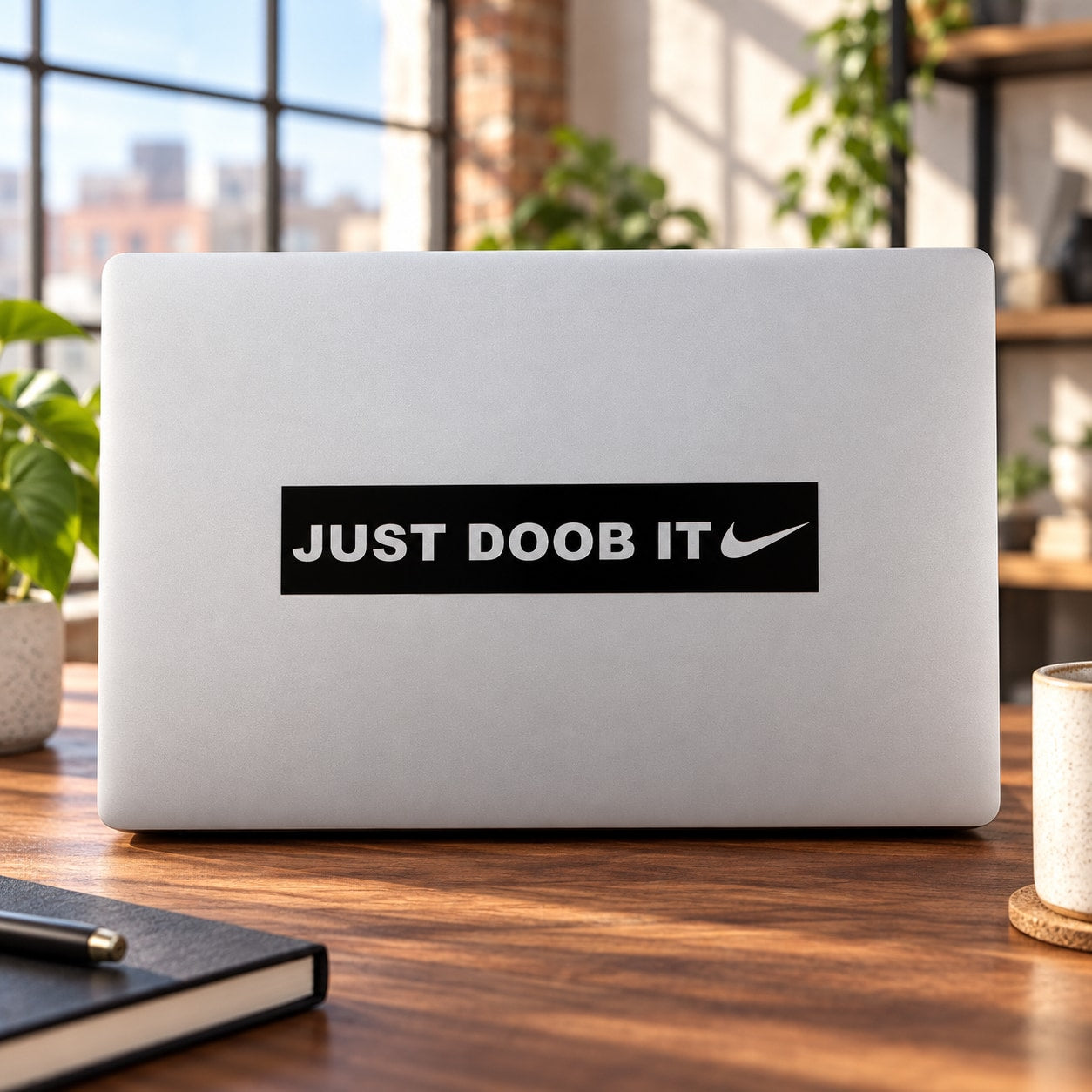 Laptop decal with black "JUST DOOB IT" text and swoosh mark, sticker centered